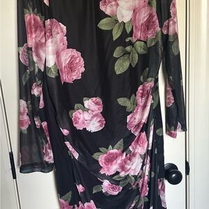 Pink and Green Ruched and sheer Sleeve Bodycon Dress